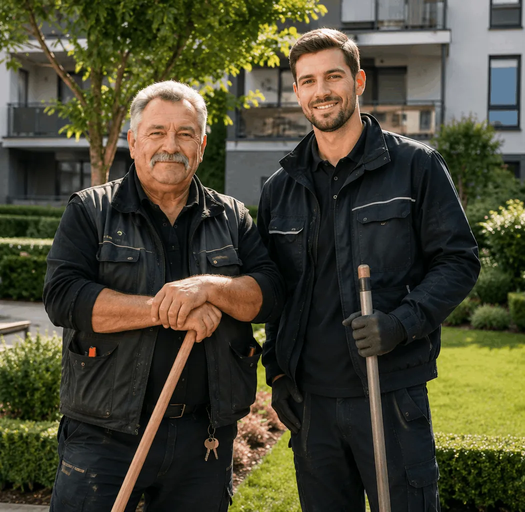Hausmeisterservice Berlin – erfahrener Hausmeister mit Mitarbeiter vor gepflegter Wohnanlage und Garten