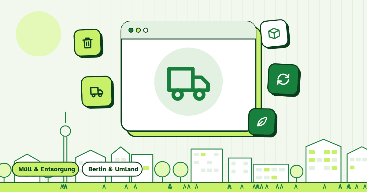 Illustration zur Leistung Entrümpelung: gerahmte Symbolkarte vor Berliner Häuserzeile