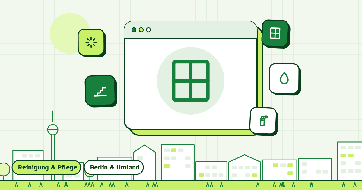 Illustration zur Leistung Fenster- und Glasreinigung: gerahmte Symbolkarte vor Berliner Häuserzeile
