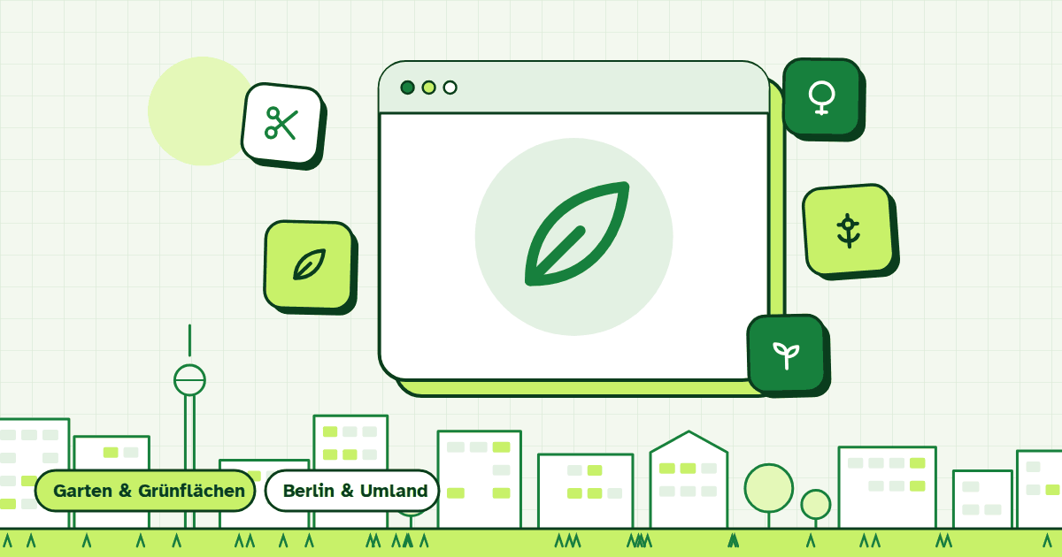 Illustration zur Leistung Gartenpflege: gerahmte Symbolkarte vor Berliner Häuserzeile