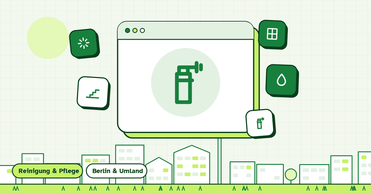 Illustration zur Leistung Hochdruckreinigung: gerahmte Symbolkarte vor Berliner Häuserzeile