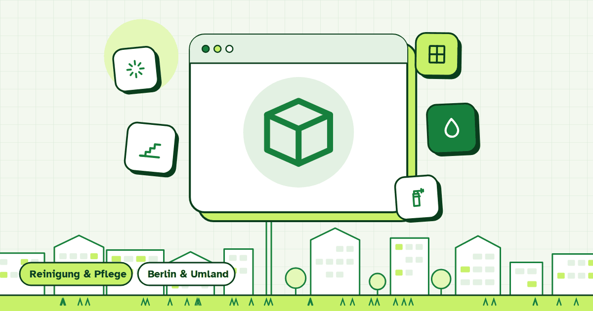 Illustration zur Leistung Keller- und Dachbodenpflege: gerahmte Symbolkarte vor Berliner Häuserzeile