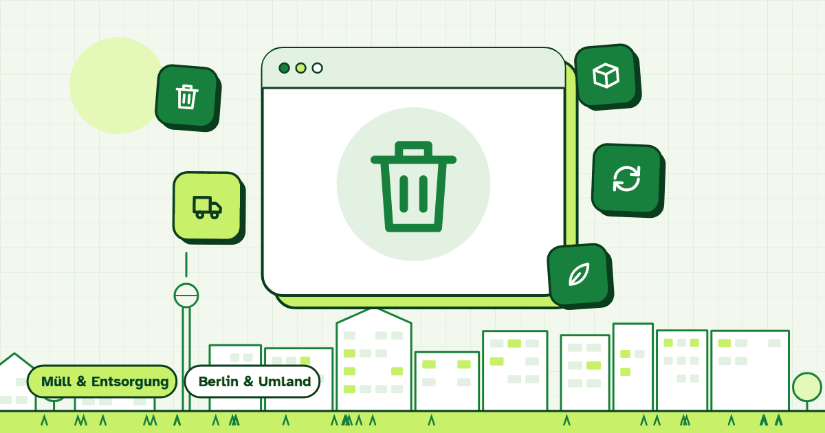 Illustration zur Leistung Müllplatzpflege: gerahmte Symbolkarte vor Berliner Häuserzeile