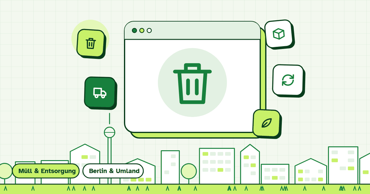 Illustration zur Leistung Mülltonnenservice: gerahmte Symbolkarte vor Berliner Häuserzeile