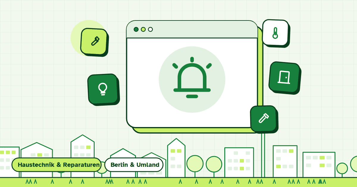 Illustration zur Leistung Rauchwarnmelder-Service: gerahmte Symbolkarte vor Berliner Häuserzeile