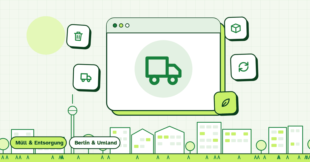 Illustration zur Leistung Sperrmüllmanagement: gerahmte Symbolkarte vor Berliner Häuserzeile