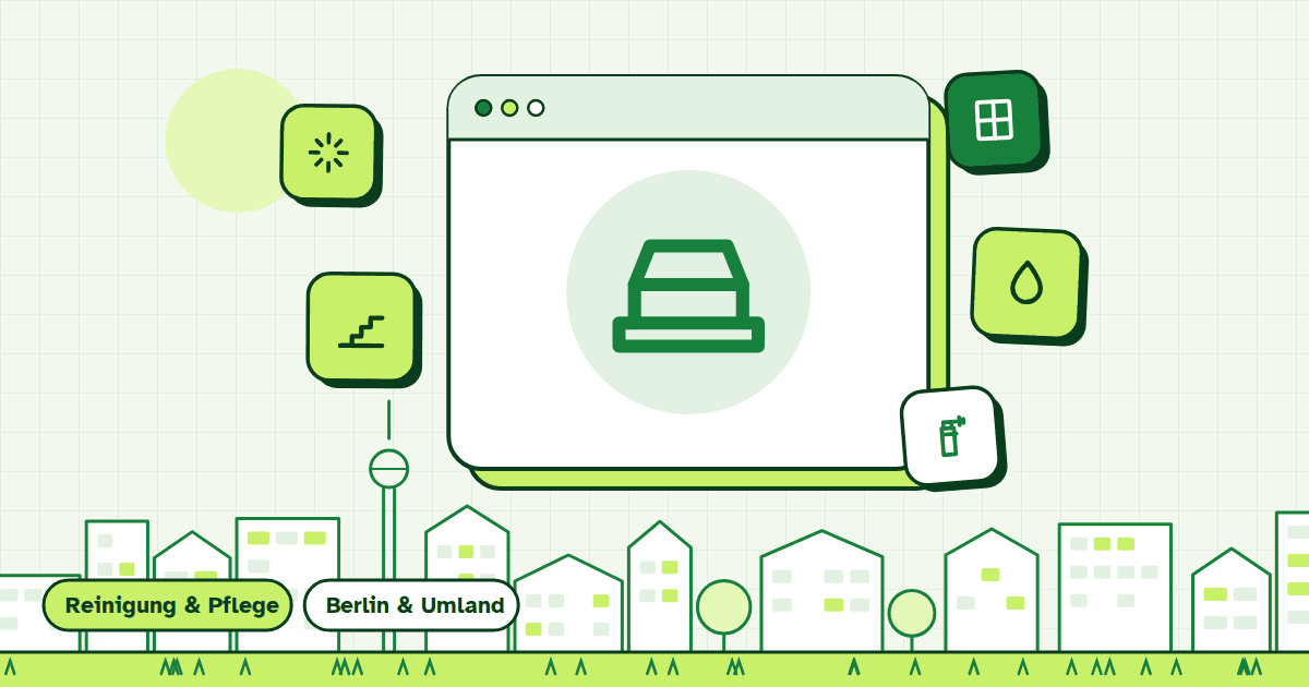 Illustration zur Leistung Tiefgaragenreinigung: gerahmte Symbolkarte vor Berliner Häuserzeile