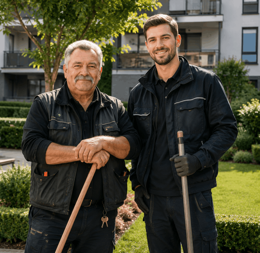 Hausmeisterservice Berlin – erfahrener Hausmeister mit Mitarbeiter vor gepflegter Wohnanlage und Garten